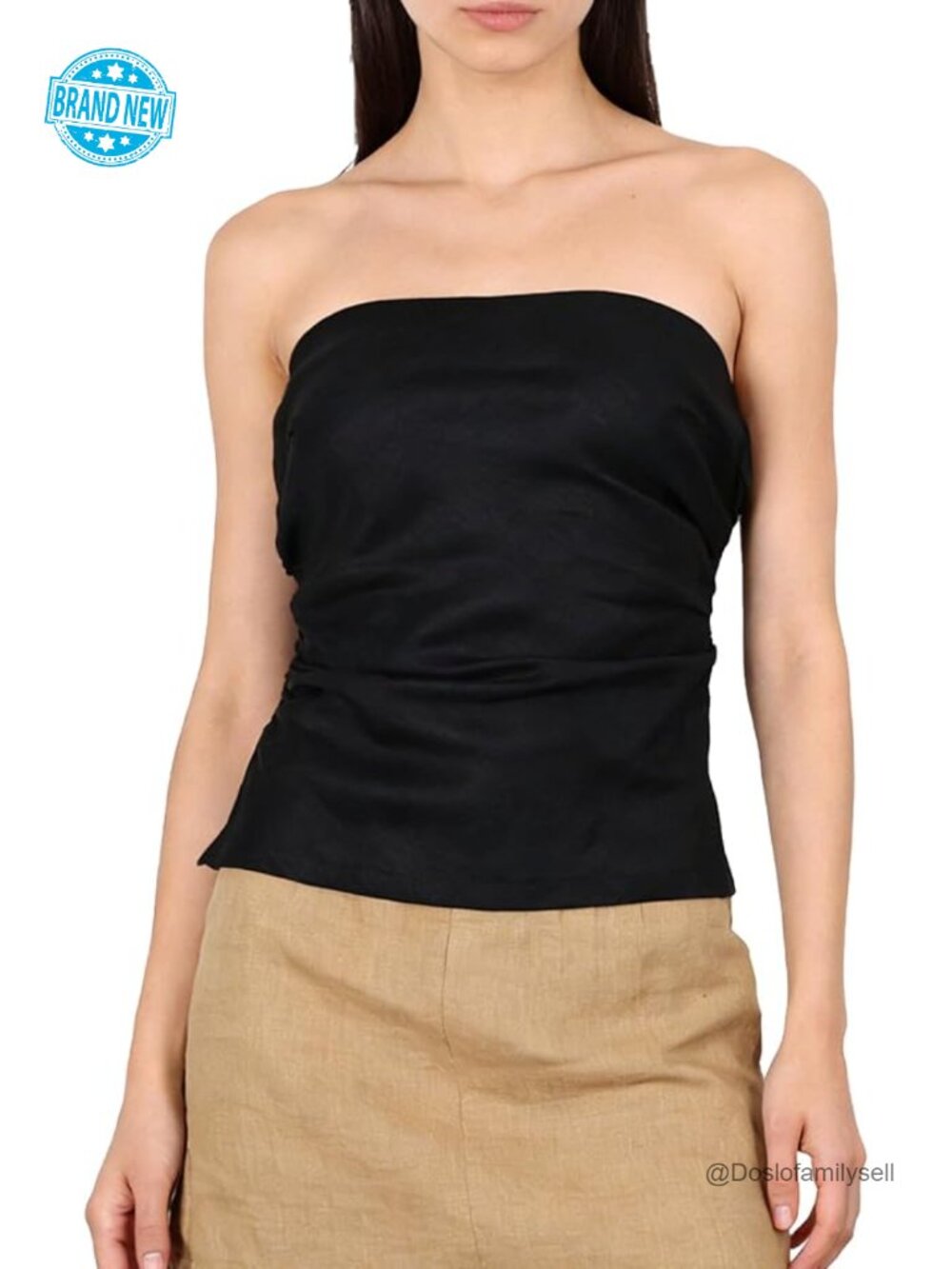 100% Linen Strapless Tube Top with Split Hem, Ruched Details, Side Zipper